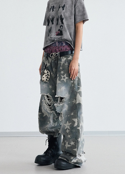 【People Style】Countless Star Design Distressed Muted Base Color Wide Denim Pants  PS0062