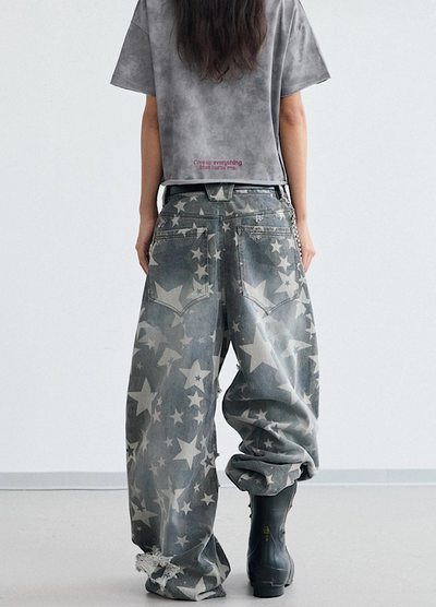 【People Style】Countless Star Design Distressed Muted Base Color Wide Denim Pants  PS0062