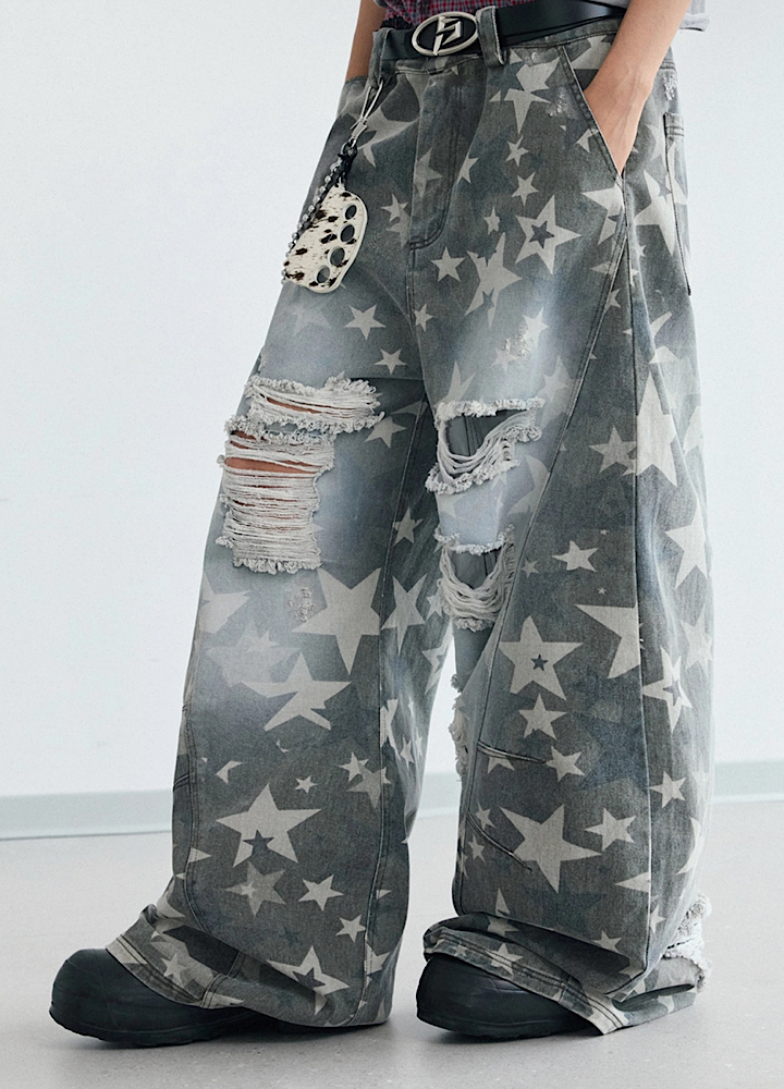 【People Style】Countless Star Design Distressed Muted Base Color Wide Denim Pants  PS0062