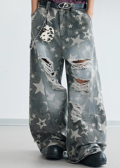 【People Style】Countless Star Design Distressed Muted Base Color Wide Denim Pants  PS0062