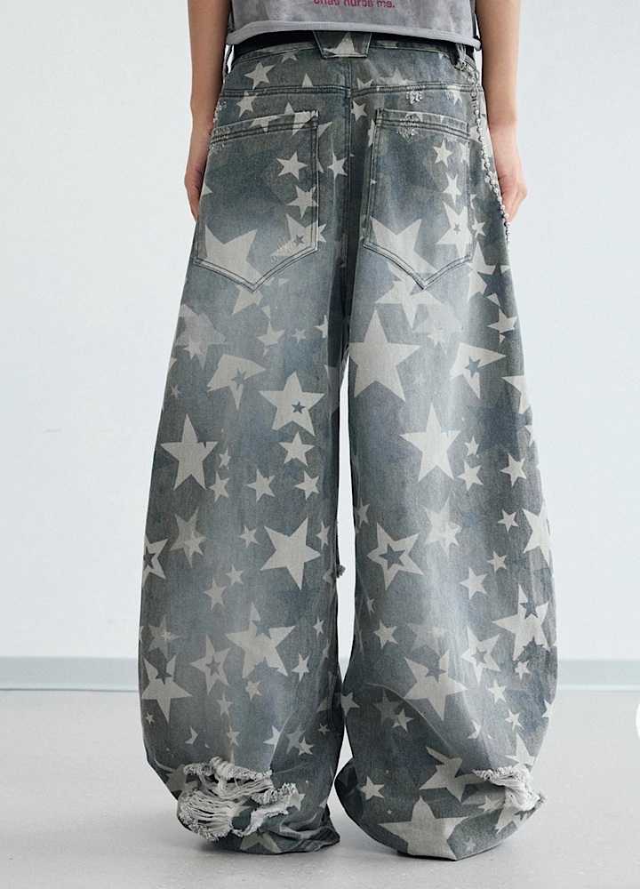 【People Style】Countless Star Design Distressed Muted Base Color Wide Denim Pants  PS0062