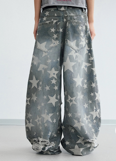 【People Style】Countless Star Design Distressed Muted Base Color Wide Denim Pants  PS0062