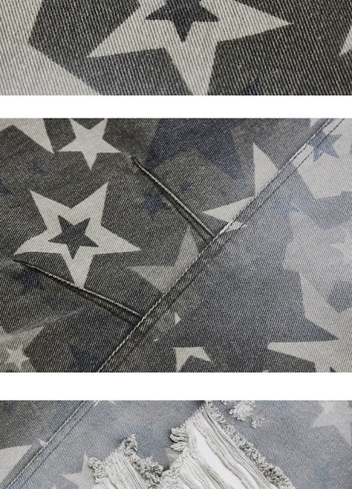 【People Style】Countless Star Design Distressed Muted Base Color Wide Denim Pants  PS0062