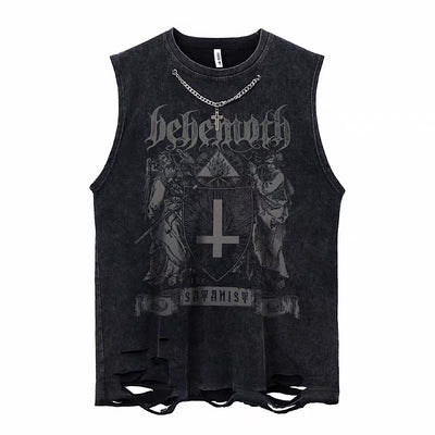 【NIHAOHAO】Decadent front cross design graphic punk sleeveless top  NH0234