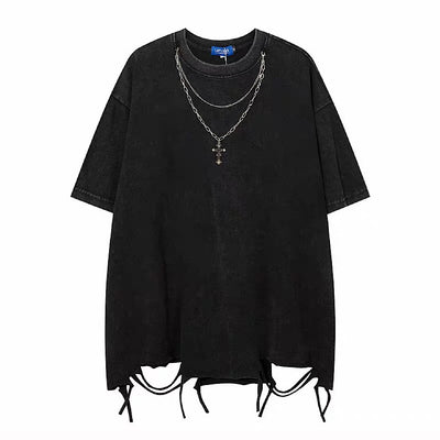 【NIHAOHAO】Simple basic washed distressed style short-sleeved T-shirt  NH0235