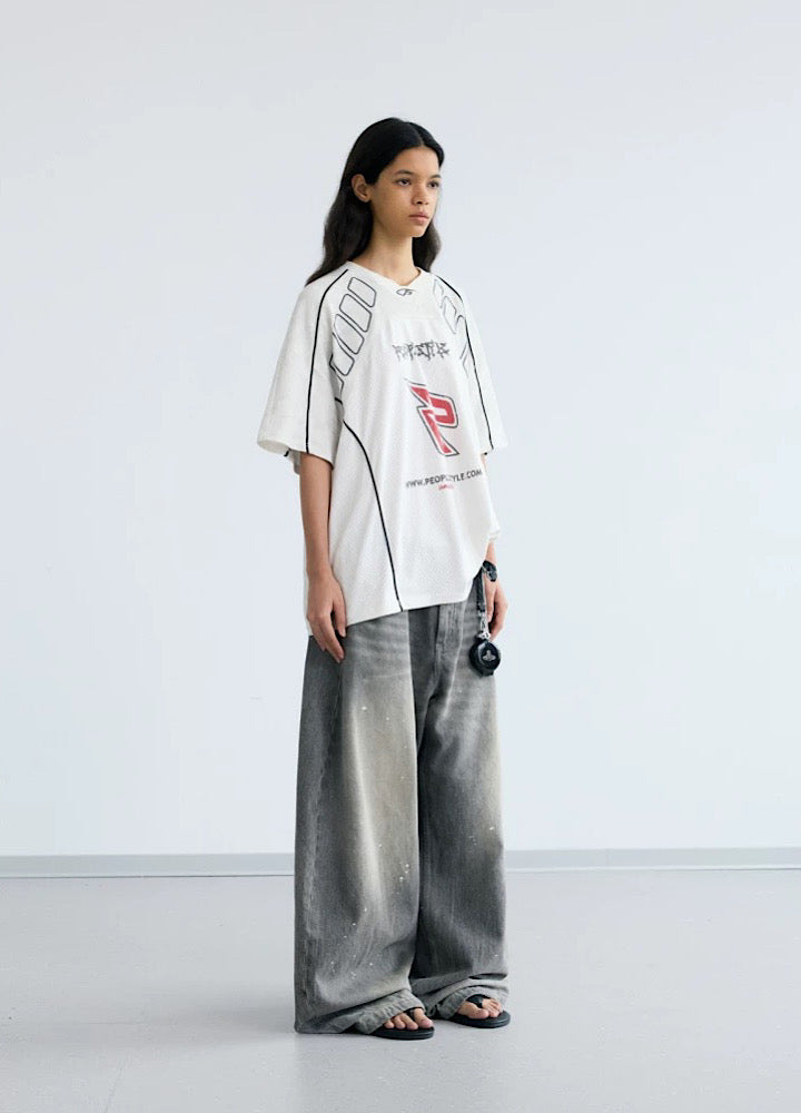 【People Style】Gaming sporty line red color over short sleeve T-shirt  PS0064