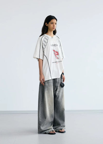 【People Style】Gaming sporty line red color over short sleeve T-shirt  PS0064