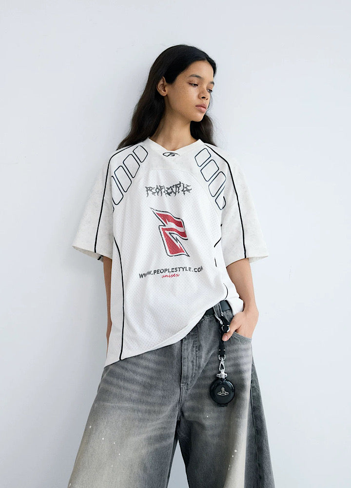 【People Style】Gaming sporty line red color over short sleeve T-shirt  PS0064