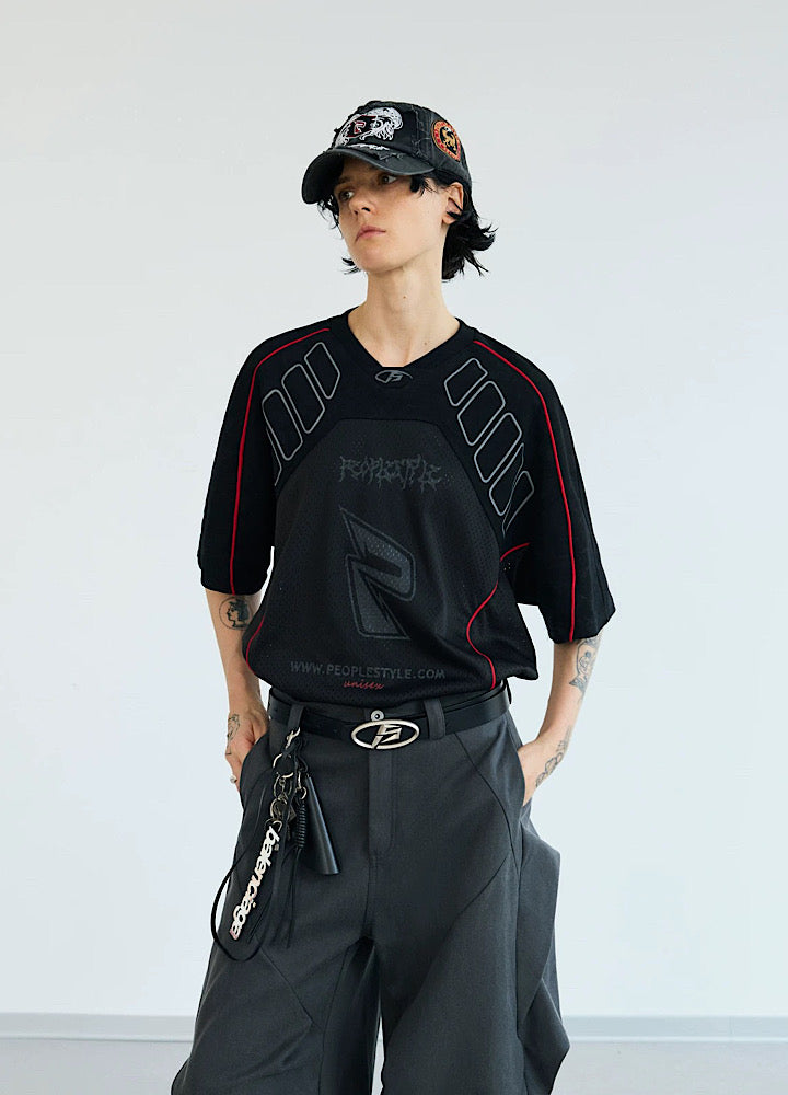 【People Style】Gaming sporty line red color over short sleeve T-shirt  PS0064