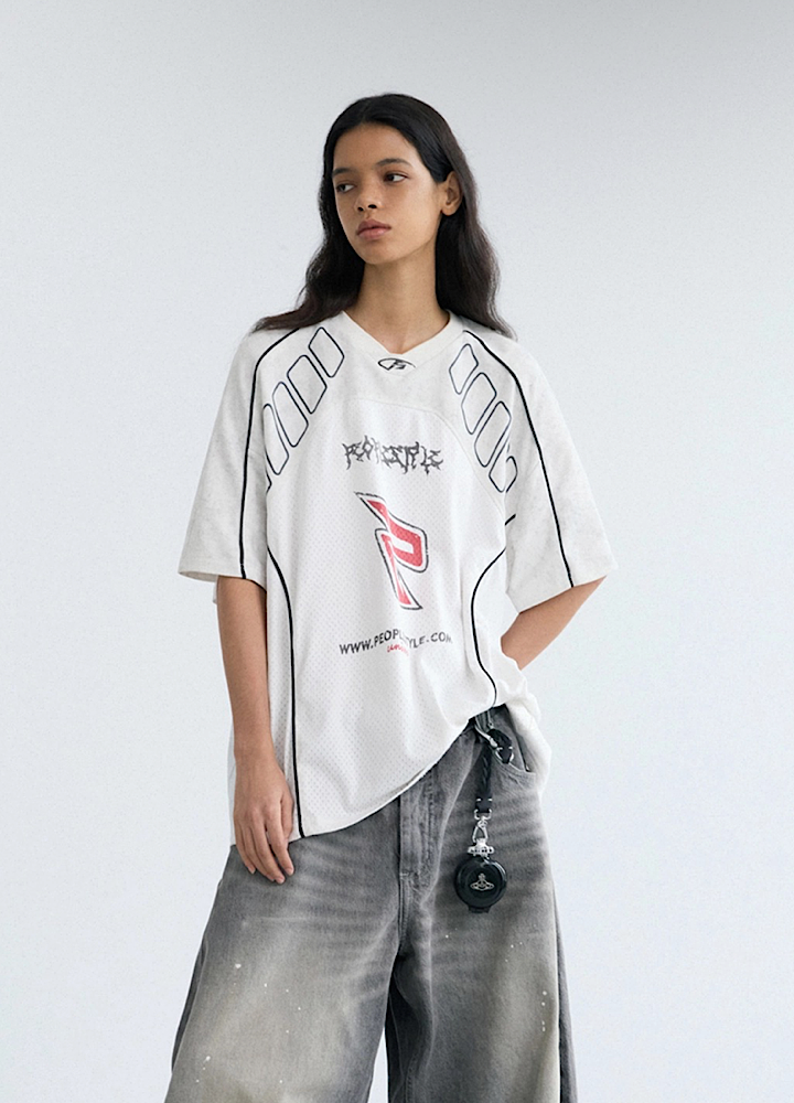【People Style】Gaming sporty line red color over short sleeve T-shirt  PS0064