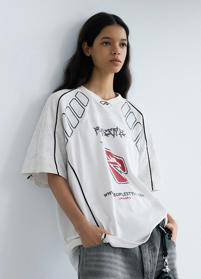 【People Style】Gaming sporty line red color over short sleeve T-shirt  PS0064
