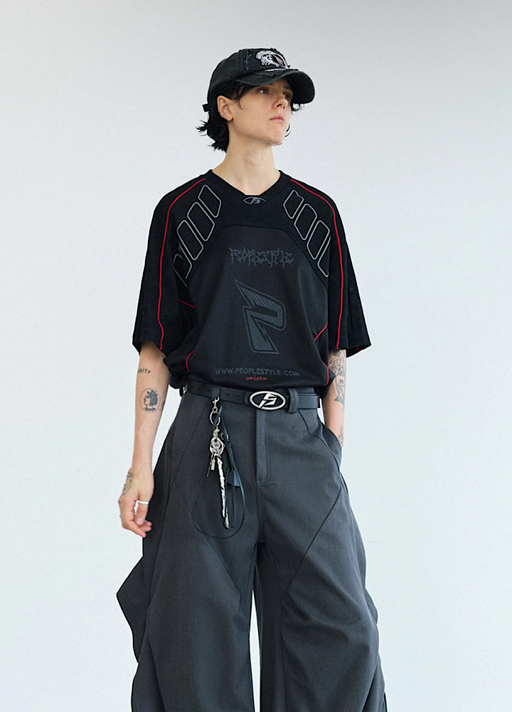 【People Style】Gaming sporty line red color over short sleeve T-shirt  PS0064