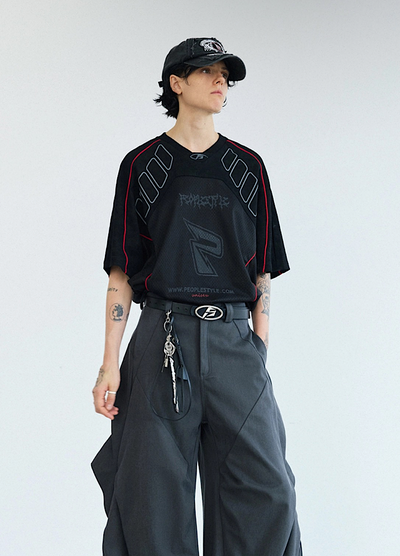 【People Style】Gaming sporty line red color over short sleeve T-shirt  PS0064