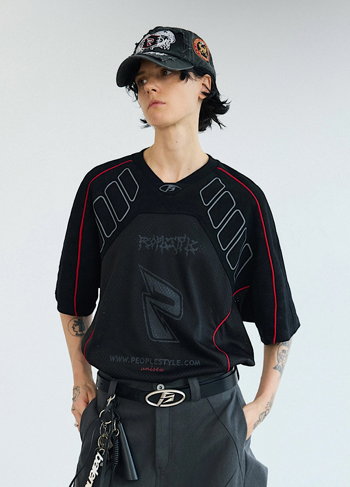 【People Style】Gaming sporty line red color over short sleeve T-shirt  PS0064