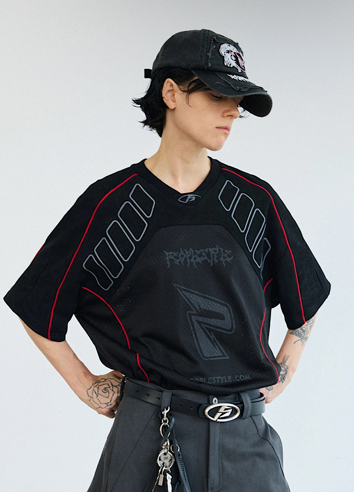 【People Style】Gaming sporty line red color over short sleeve T-shirt  PS0064