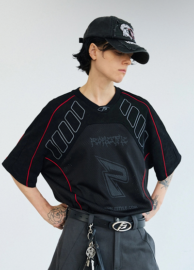 【People Style】Gaming sporty line red color over short sleeve T-shirt  PS0064