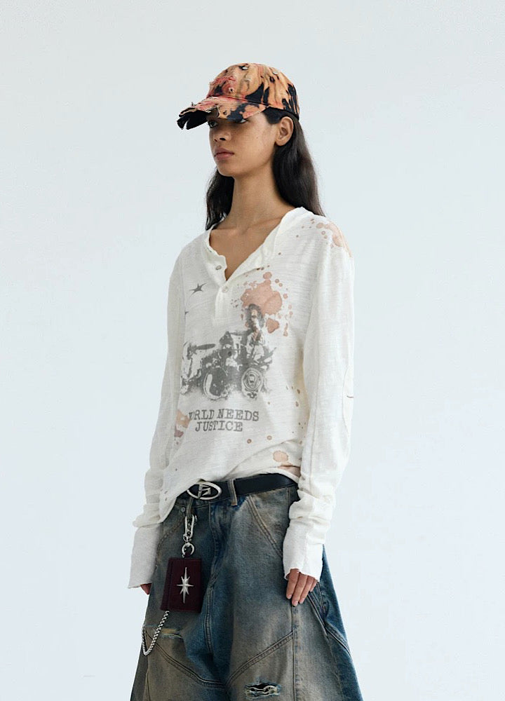 【People Style】Grunge dull illustration design tight size long sleeve T-shirt  PS0065