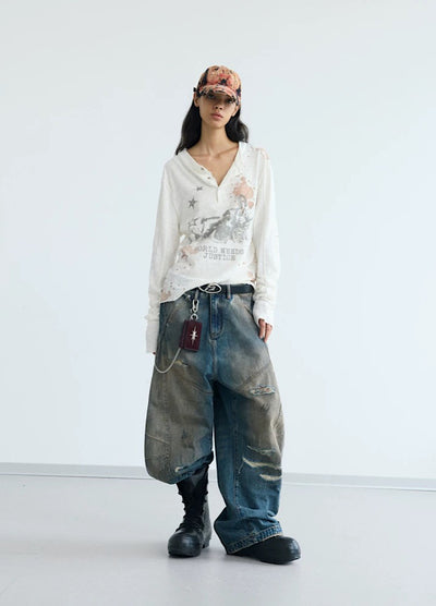 【People Style】Grunge dull illustration design tight size long sleeve T-shirt  PS0065