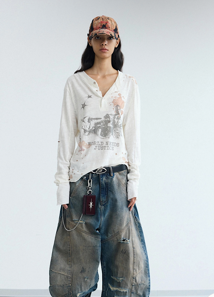 【People Style】Grunge dull illustration design tight size long sleeve T-shirt  PS0065