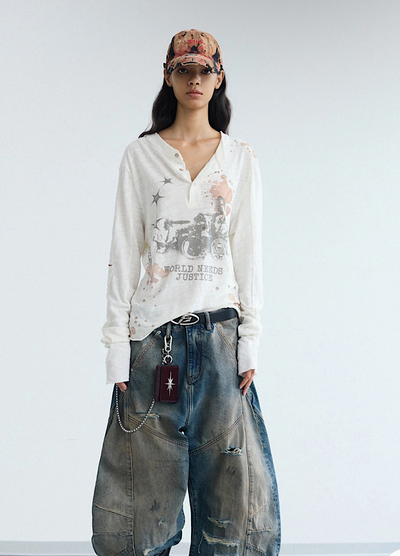 【People Style】Grunge dull illustration design tight size long sleeve T-shirt  PS0065