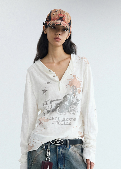 【People Style】Grunge dull illustration design tight size long sleeve T-shirt  PS0065
