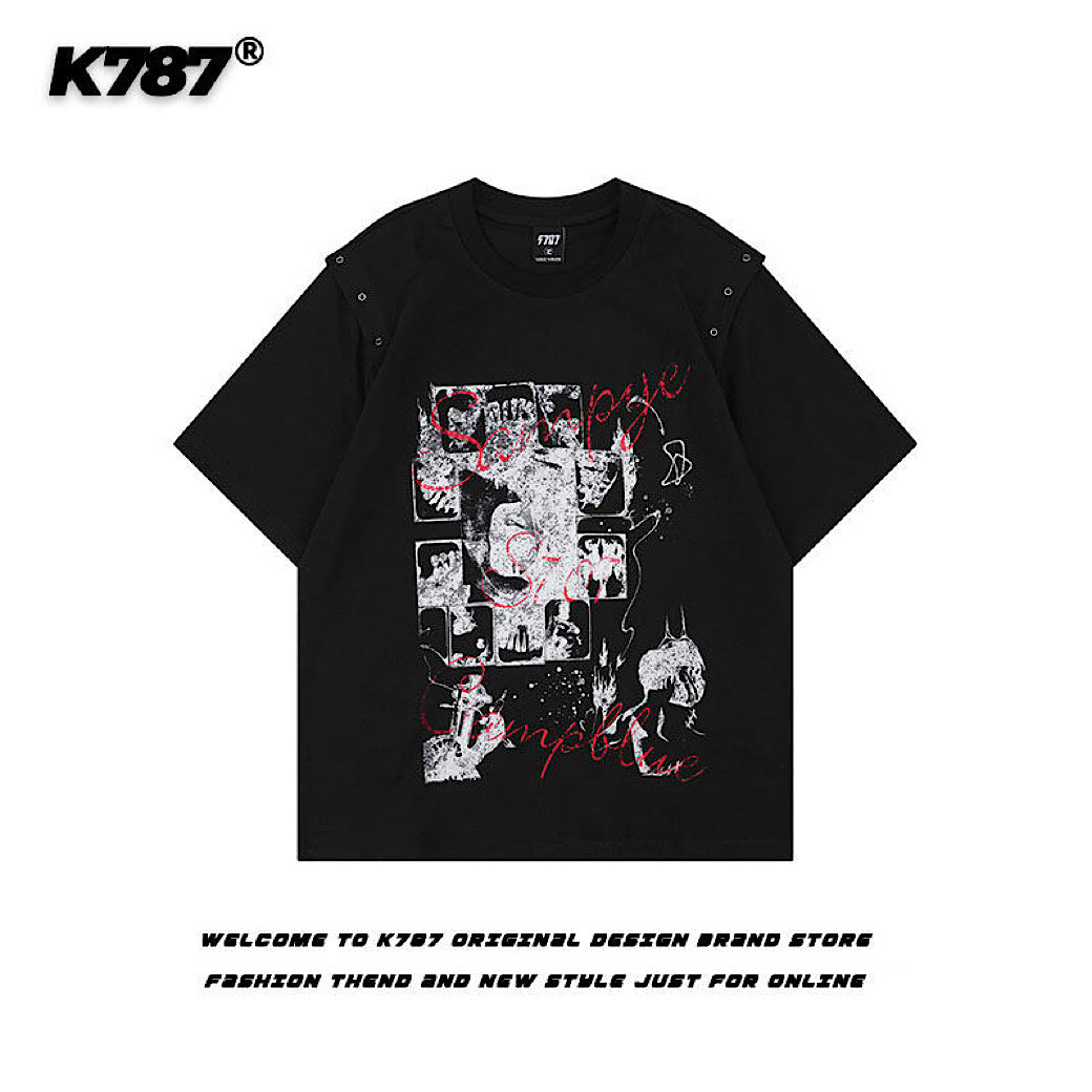 【K787】Front dark design sleeve gimmick style short sleeve T-shirt  KL0006