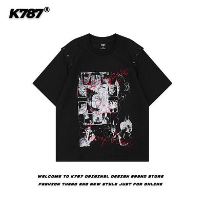 【K787】Front dark design sleeve gimmick style short sleeve T-shirt  KL0006