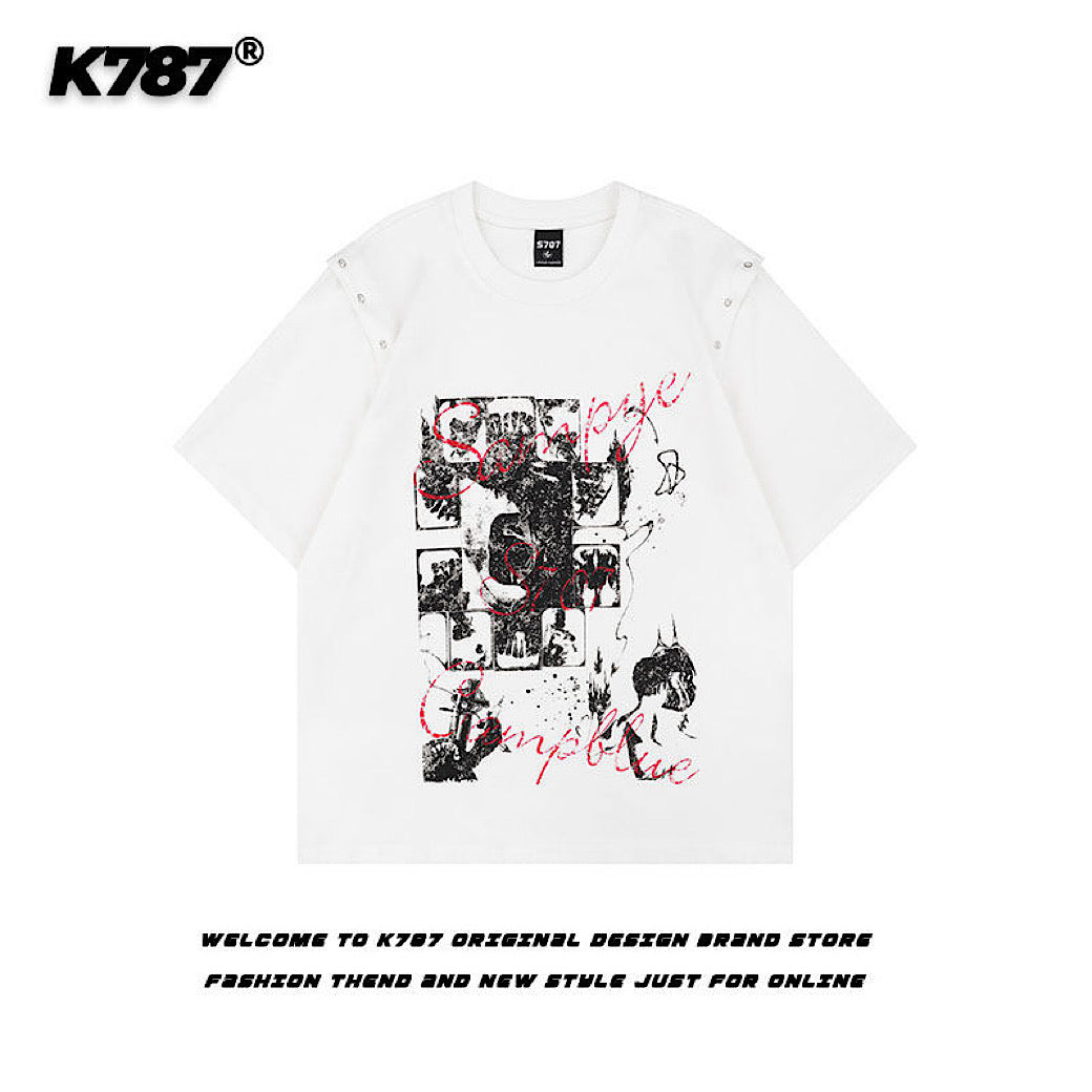 【K787】Front dark design sleeve gimmick style short sleeve T-shirt  KL0006