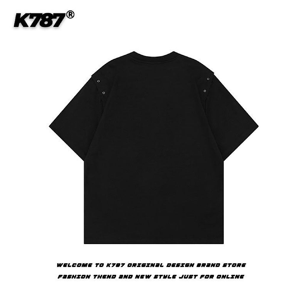 【K787】Front dark design sleeve gimmick style short sleeve T-shirt  KL0006