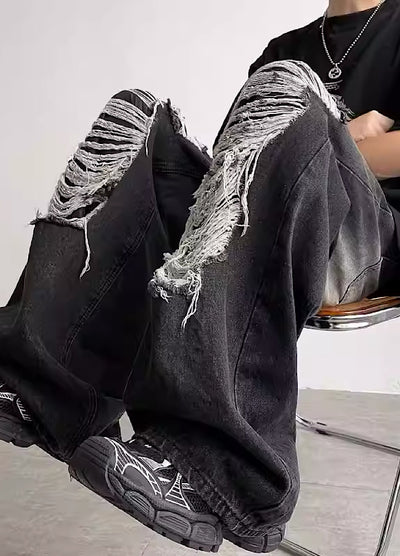 【10/23新作】Double four full distressed design washed denim pants  HL2974