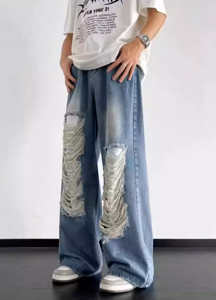 【10/23新作】Double four full distressed design washed denim pants  HL2974