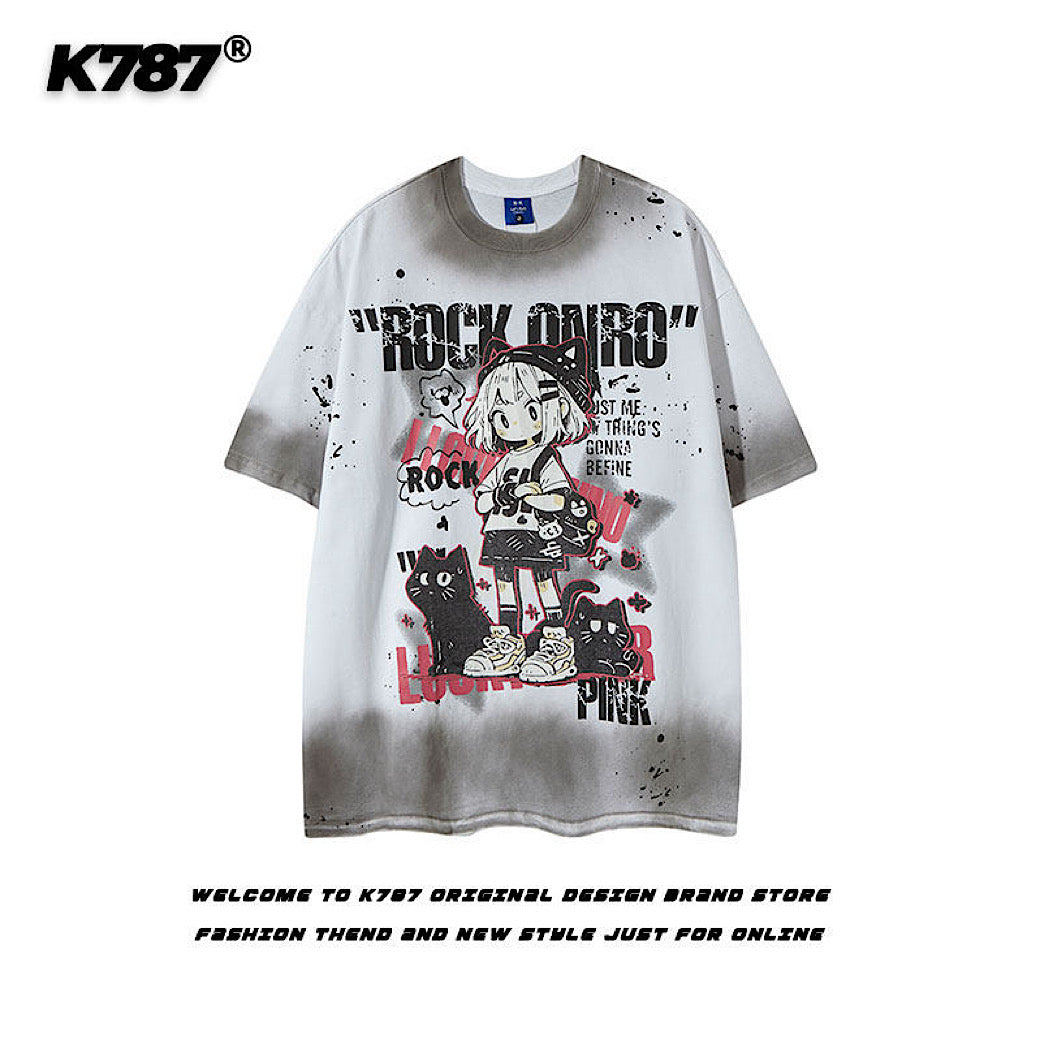 【K787】Front cute character illustration design subculture wash short sleeve T-shirt  KL0007