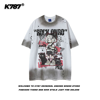 【K787】Front cute character illustration design subculture wash short sleeve T-shirt  KL0007