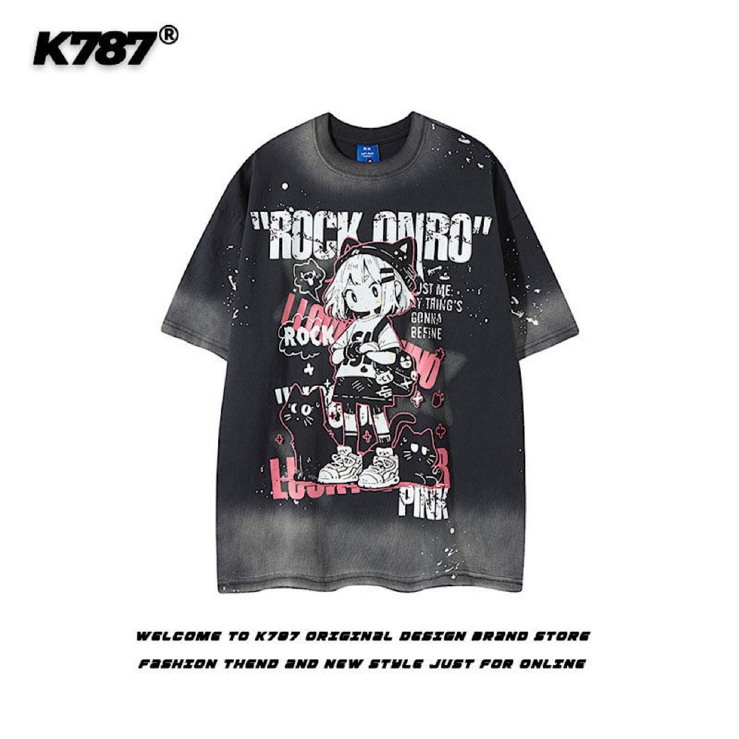 【K787】Front cute character illustration design subculture wash short sleeve T-shirt  KL0007