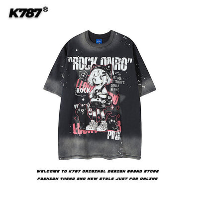 【K787】Front cute character illustration design subculture wash short sleeve T-shirt  KL0007