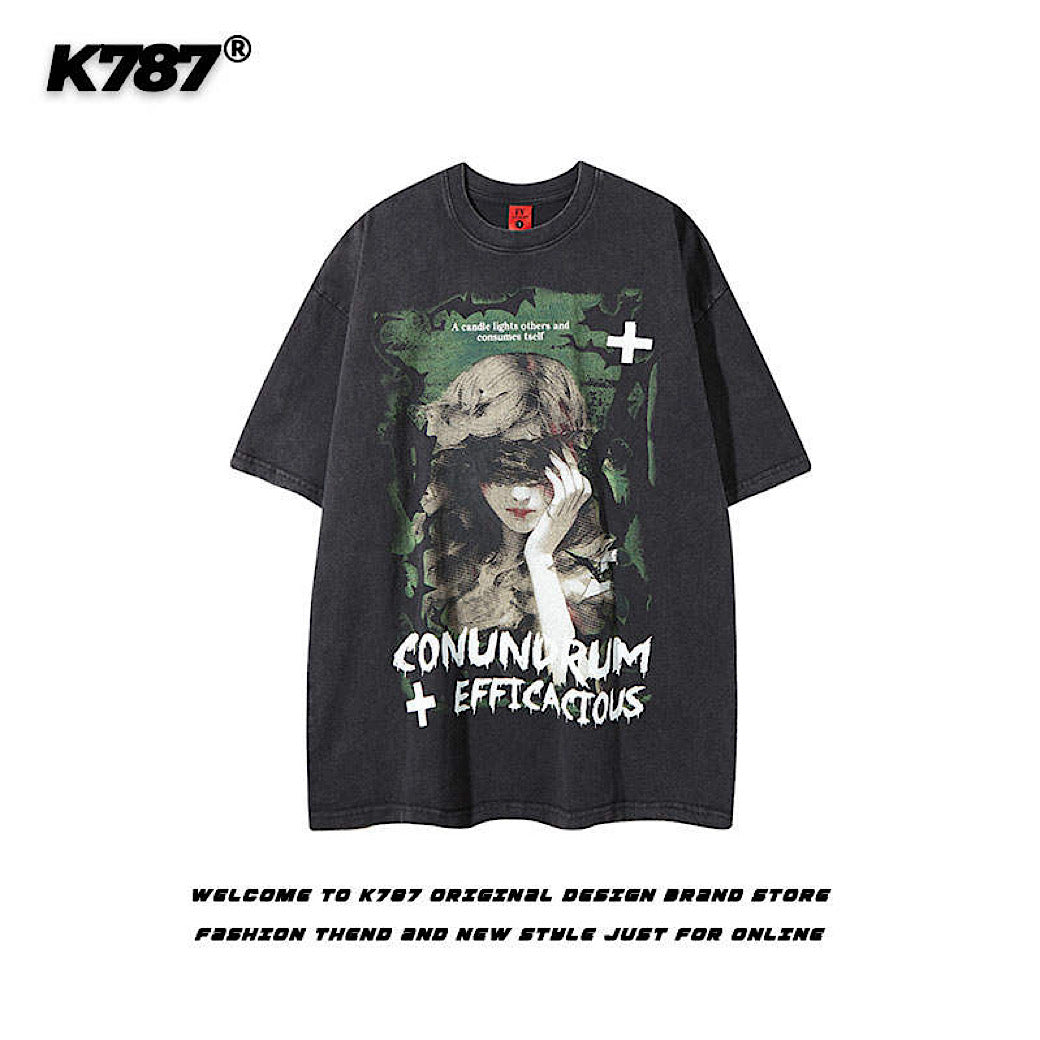 【K787】Subculture Dark Illustration Design Over-Anted Short Sleeve T-Shirt  KL0008