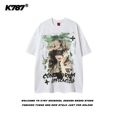 【K787】Subculture Dark Illustration Design Over-Anted Short Sleeve T-Shirt  KL0008