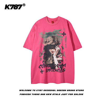 【K787】Subculture Dark Illustration Design Over-Anted Short Sleeve T-Shirt  KL0008