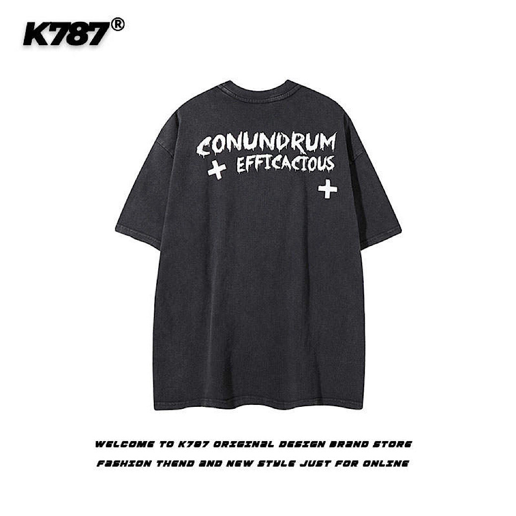 【K787】Subculture Dark Illustration Design Over-Anted Short Sleeve T-Shirt  KL0008