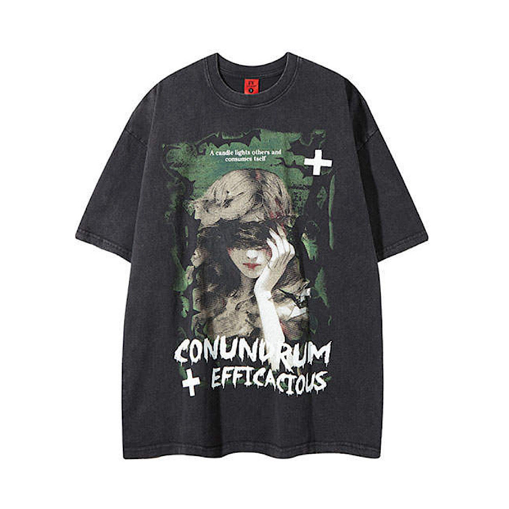 K787】Subculture Dark Illustration Design Over-Anted Short Sleeve