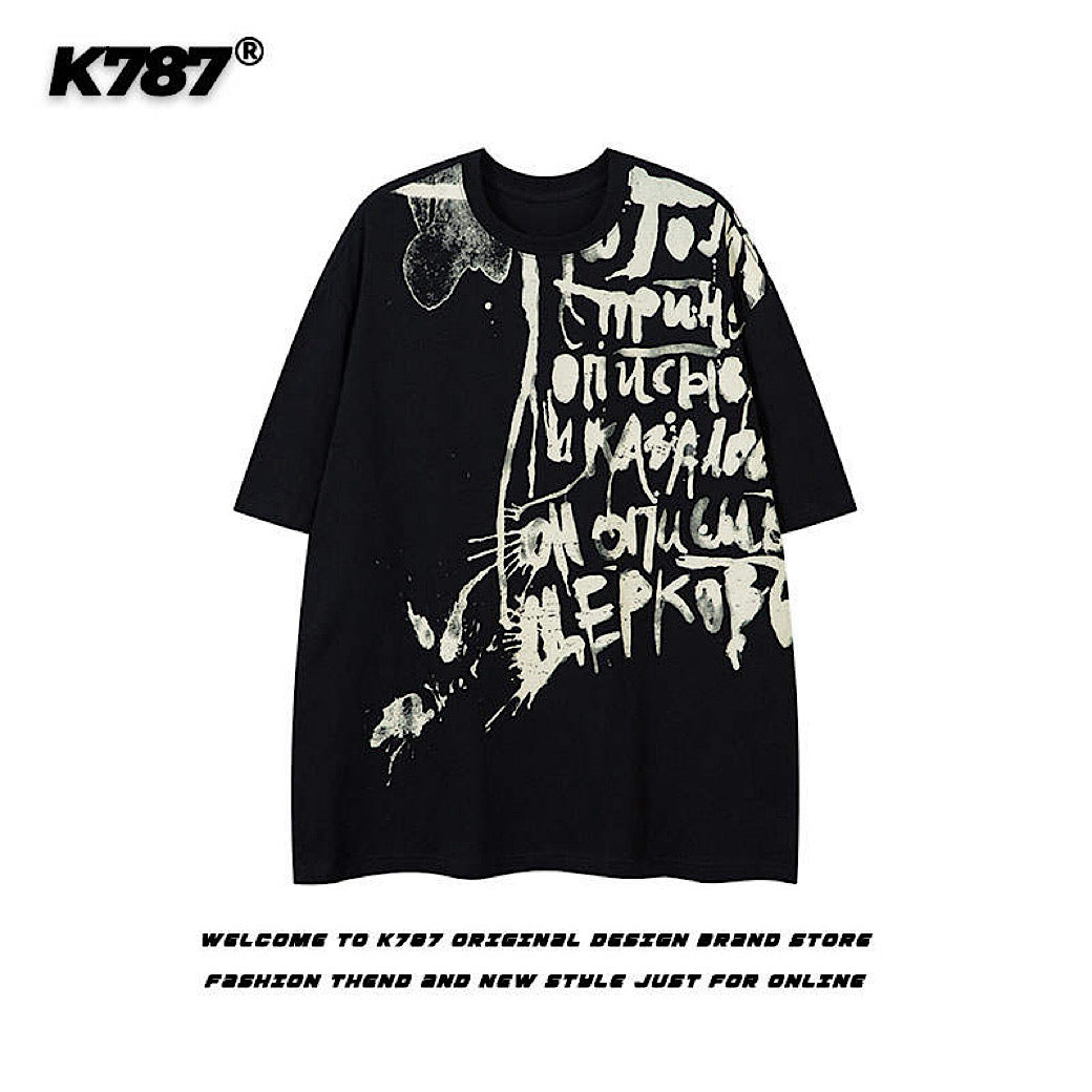 【K787】Initial rot design painted monotone short sleeve T-shirt  KL0010