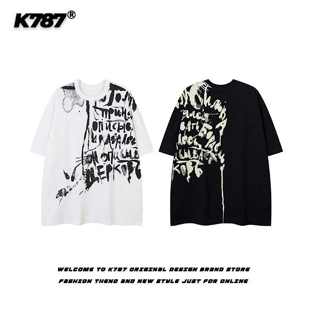 【K787】Initial rot design painted monotone short sleeve T-shirt  KL0010