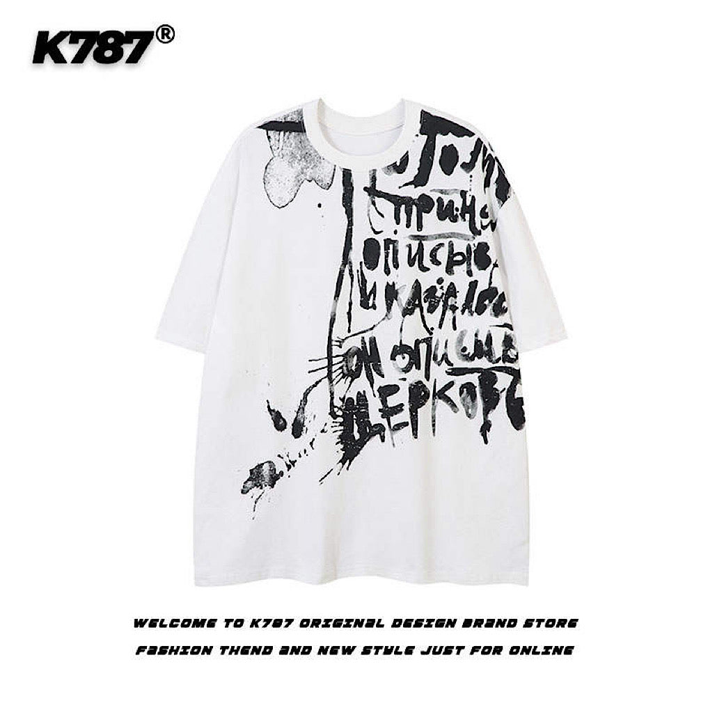 【K787】Initial rot design painted monotone short sleeve T-shirt  KL0010