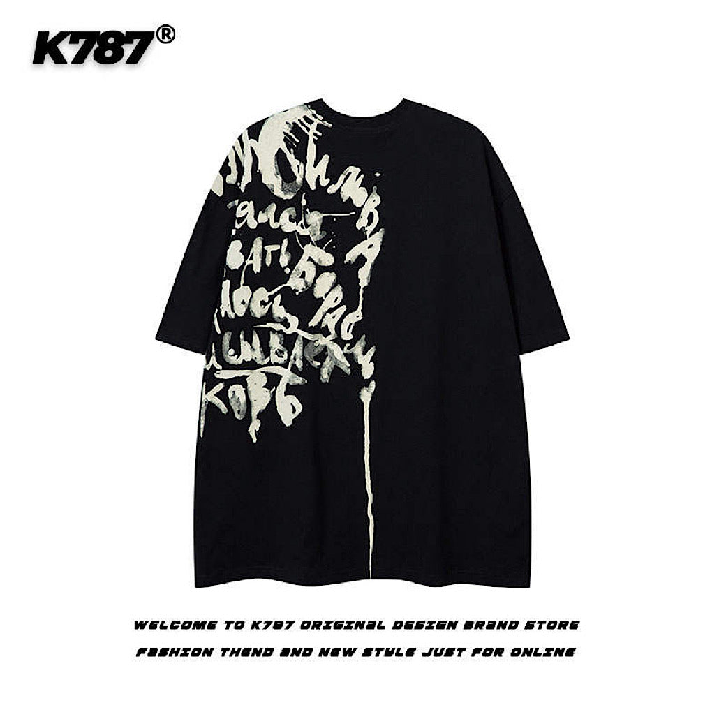 【K787】Initial rot design painted monotone short sleeve T-shirt  KL0010