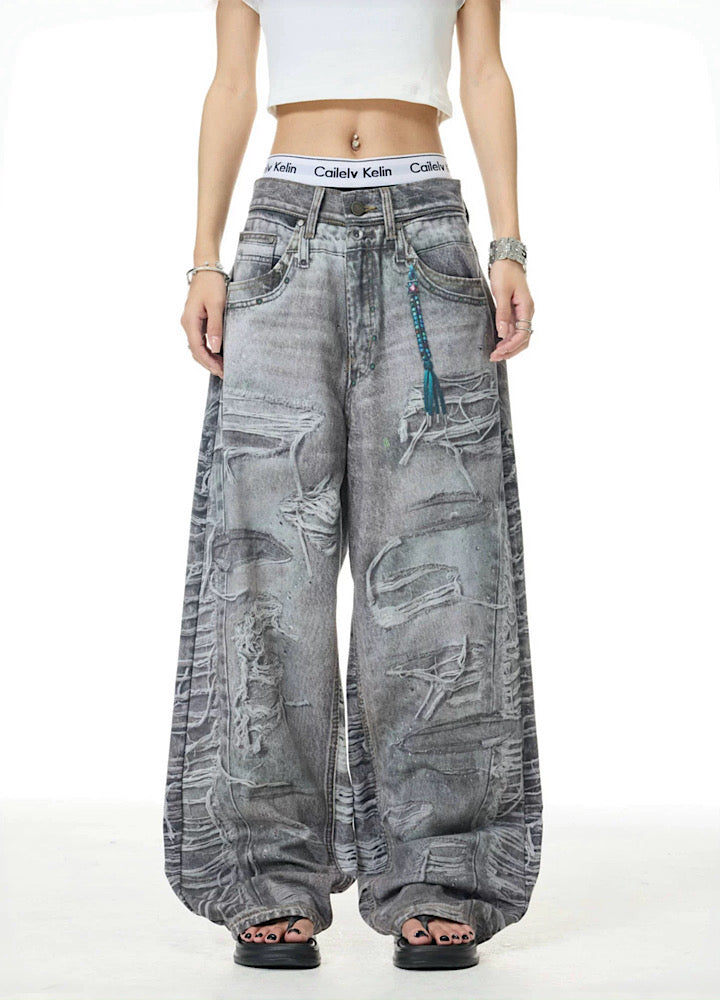 【XPXME】Dark gray printed distressed design denim pants  XP0011