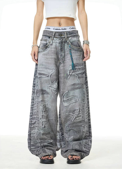 【XPXME】Dark gray printed distressed design denim pants  XP0011