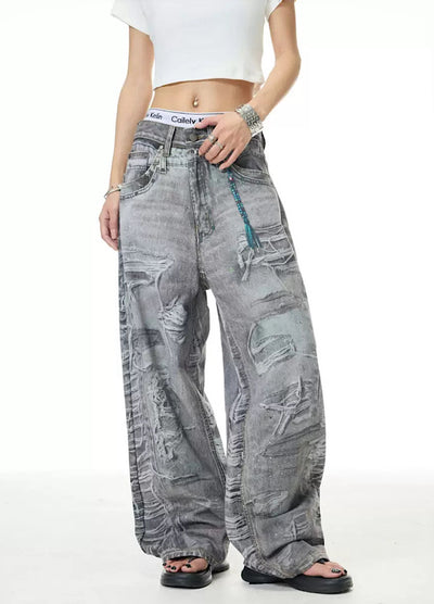 【XPXME】Dark gray printed distressed design denim pants  XP0011