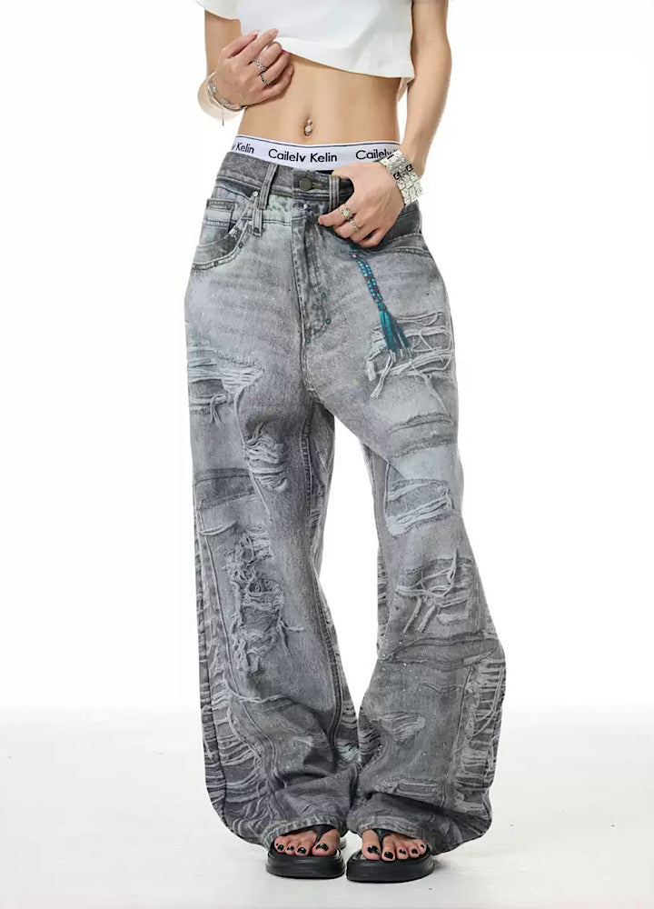 【XPXME】Dark gray printed distressed design denim pants  XP0011