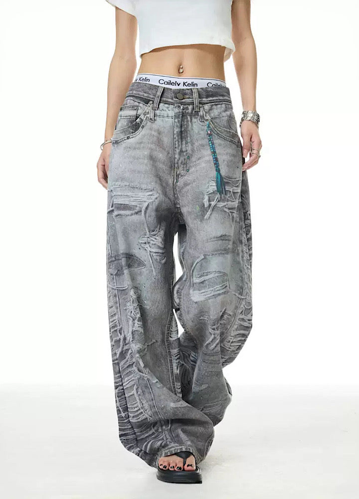 【XPXME】Dark gray printed distressed design denim pants  XP0011