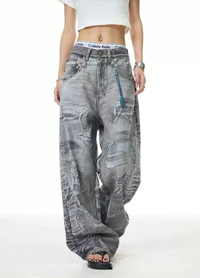 【XPXME】Dark gray printed distressed design denim pants  XP0011